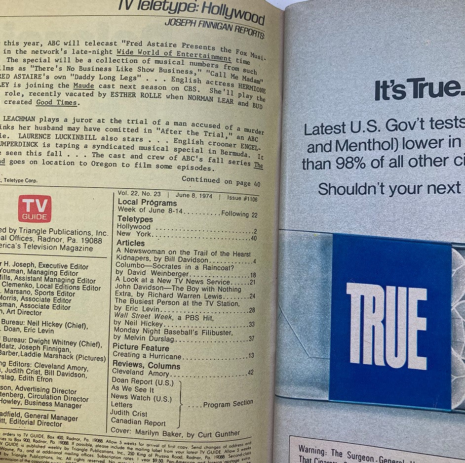 Inside page of the TV Guide Magazine June 8, 1974 Issue #1106, featuring content about television programming and articles, including coverage of Marilyn Baker's feature story on the Hearst kidnappers. Vintage magazine showing 1970s television insights.