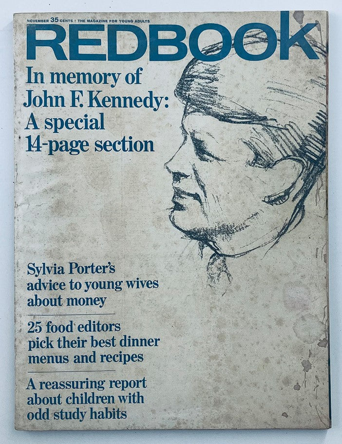 VTG Redbook Magazine November 1964 Cover featuring a memorial to John F. Kennedy with a sketched portrait.