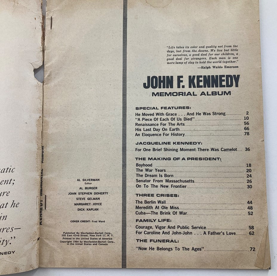 Interior page of the VTG 1964 John F. Kennedy Memorial Album listing features and content sections including personal stories and significant events from JFK's life.