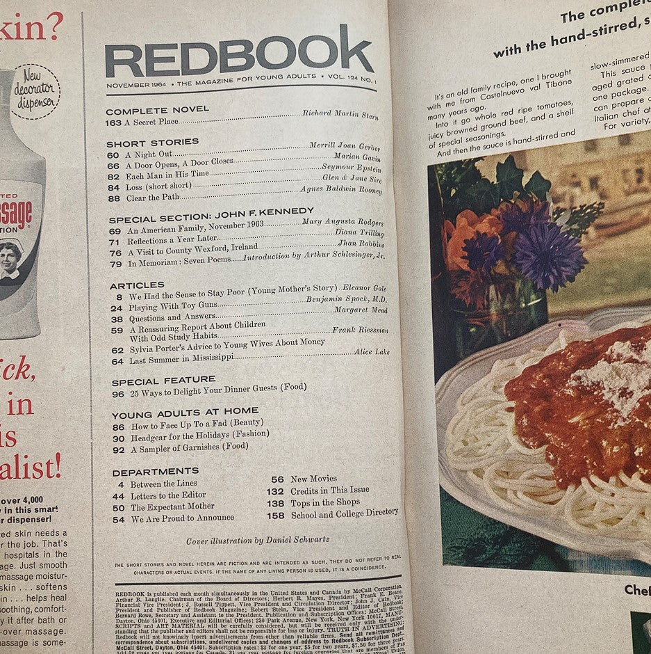Interior of VTG Redbook Magazine November 1964 including the table of contents and articles related to John F. Kennedy.