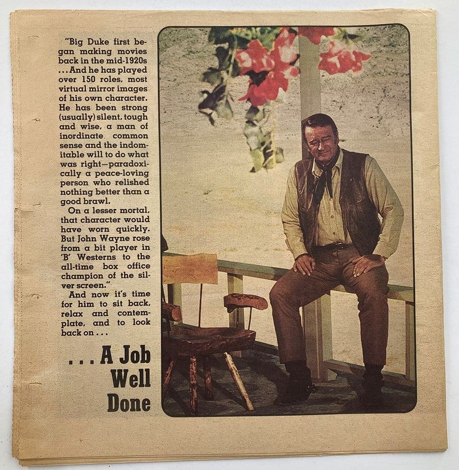 Interior page of the VTG Modern People Newspaper Magazine 1976 highlighting John Wayne, with a reflective article about his career and achievements.