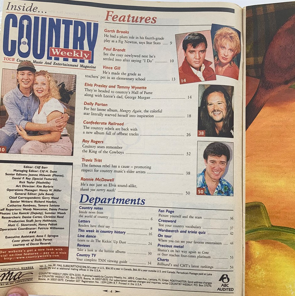 Inside page of Country Weekly Magazine July 28 1998, Volume 5 #30 showcasing features including Dolly Parton, Vince Gill, Garth Brooks, and Elvis Presley, along with magazine departments and content highlights.