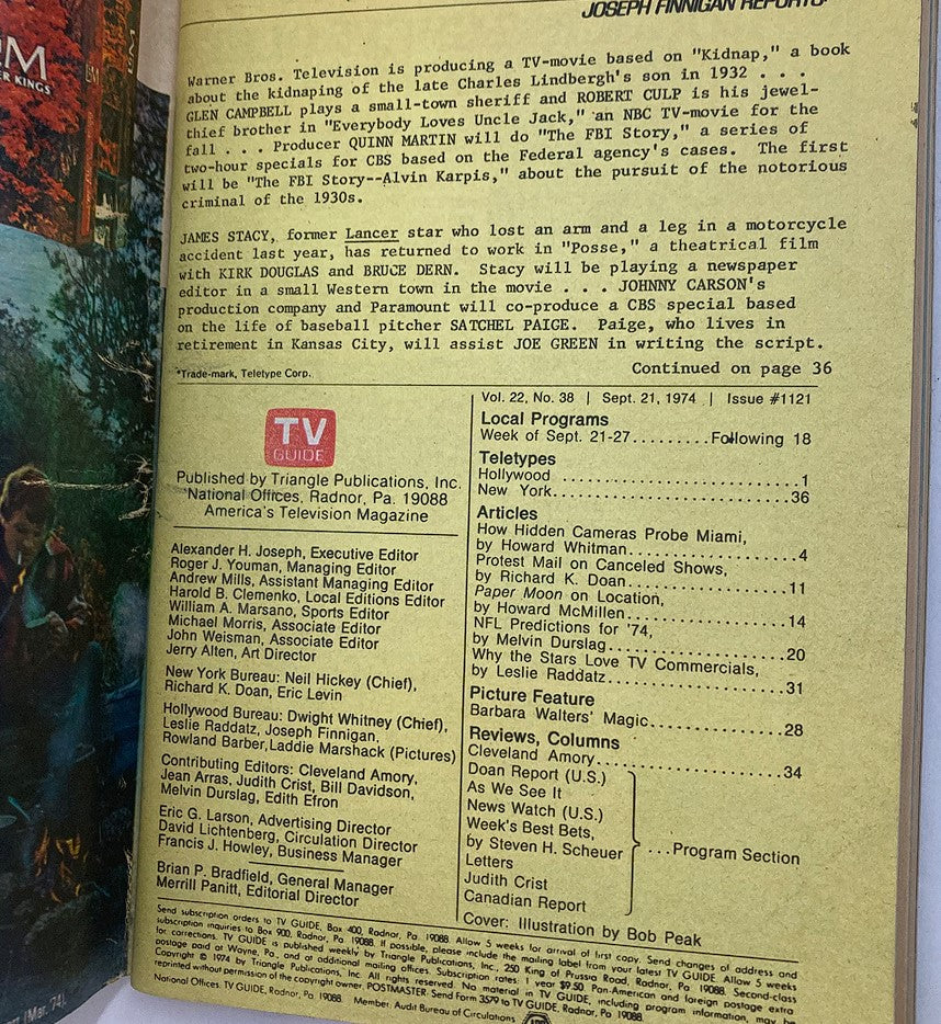 Interior page of TV Guide Magazine September 21, 1974 detailing articles and local programs, showcasing content from the issue that explores television history and programming for the week.