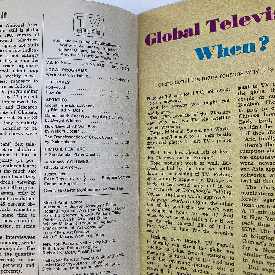 Interior view of TV Guide Magazine January 27 1968, featuring articles on global television and Elizabeth Montgomery, showcasing the magazine layout and text.