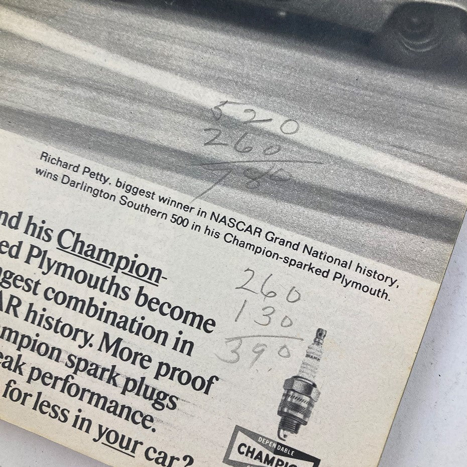 Inside page of TV Guide Magazine December 2 1967, displaying handwritten notes and details related to NASCAR racing.