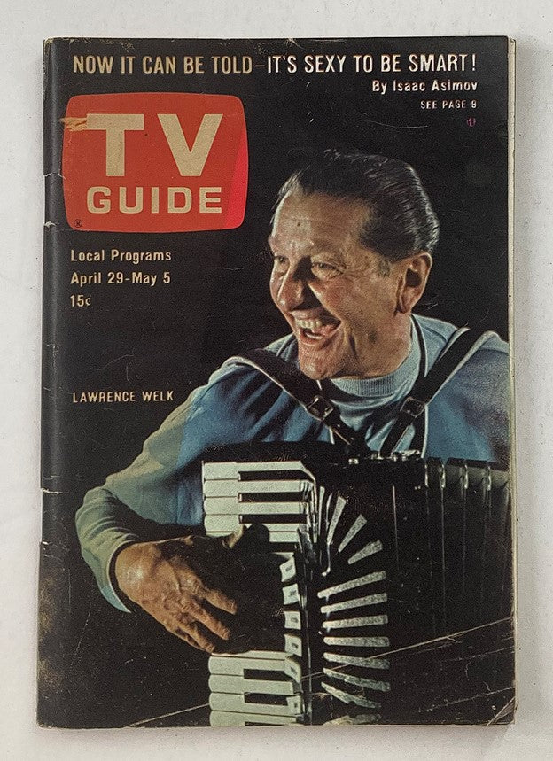 TV Guide Magazine April 29 1967 featuring Lawrence Welk on the cover, showcasing the iconic entertainment figure with an accordion, reflecting the golden era of television.