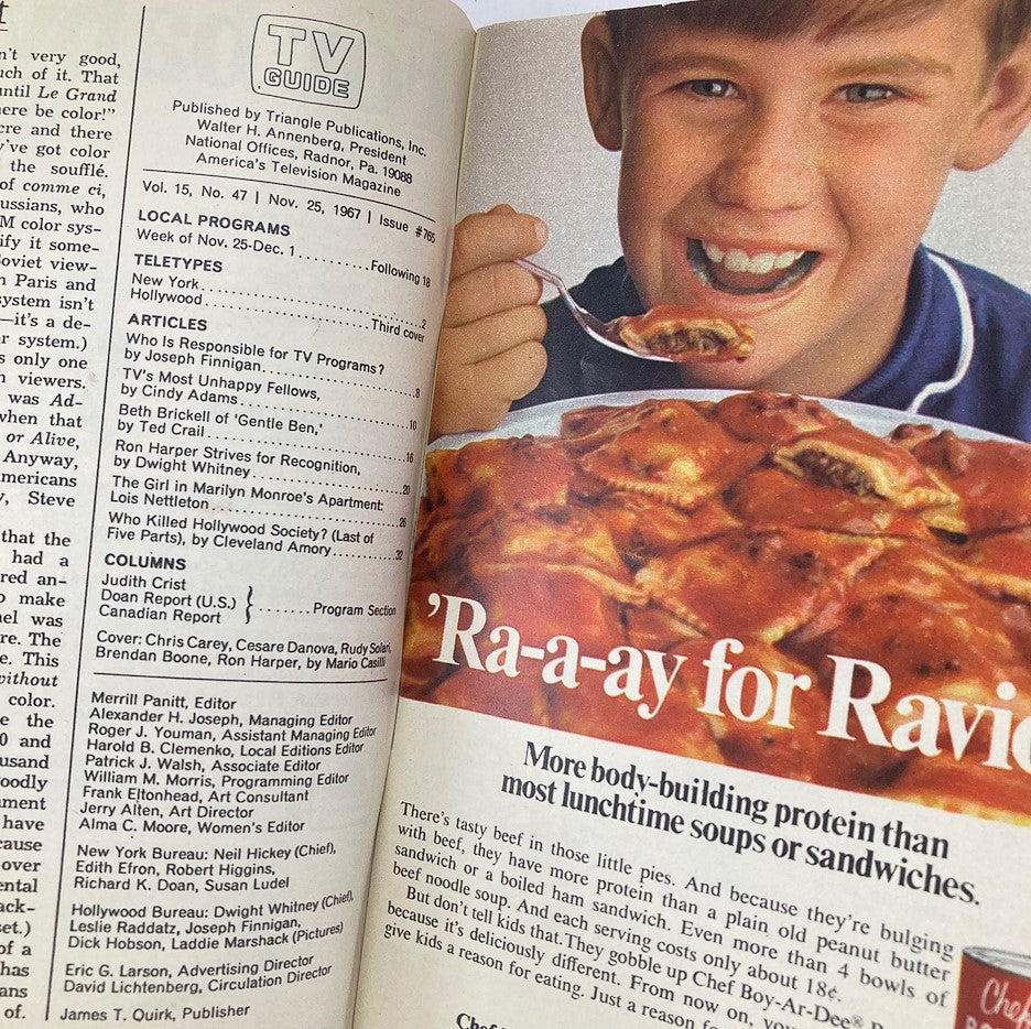 Interior page of TV Guide Magazine dated November 25, 1967 showing articles and advertisements along with a boy enjoying ravioli.
