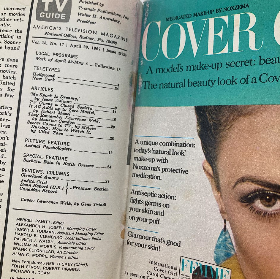 Interior page of TV Guide Magazine from April 29, 1967 featuring a table of contents and articles including Lawrence Welk, showcasing vintage television history.