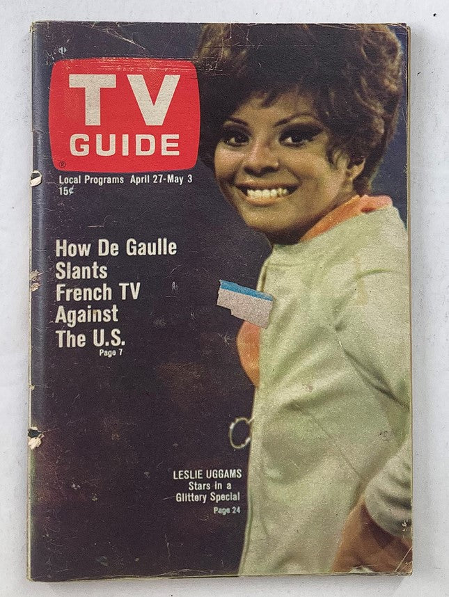 Cover of TV Guide Magazine from April 27, 1968 featuring Leslie Uggams, highlighting cultural aspects of 1960s television, with articles and programs listed.