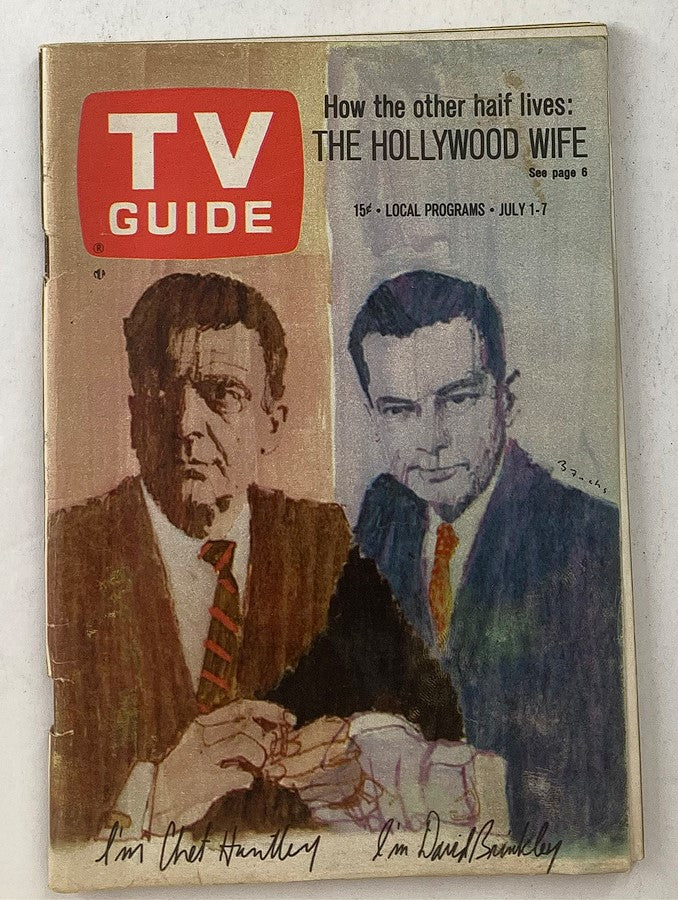 TV Guide Magazine July 1 1967 Cover featuring Chet Huntley and David Brinkley, showcasing a vintage design with art illustrations.