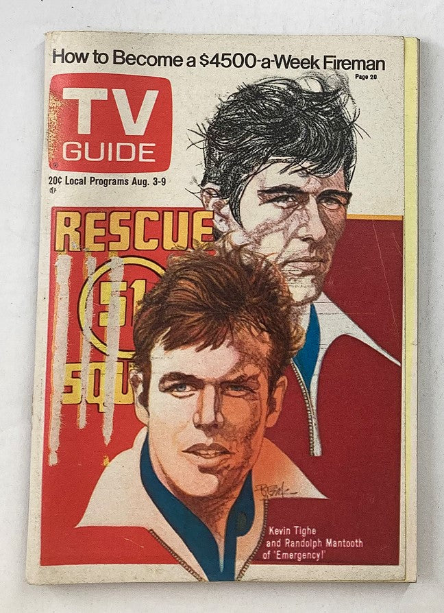 Cover of TV Guide Magazine from August 3, 1974 featuring Kevin Tighe and Randolph Mantooth from the show Emergency! The cover highlights a iconic moment in television history, showcasing the importance of first responders in popular culture.