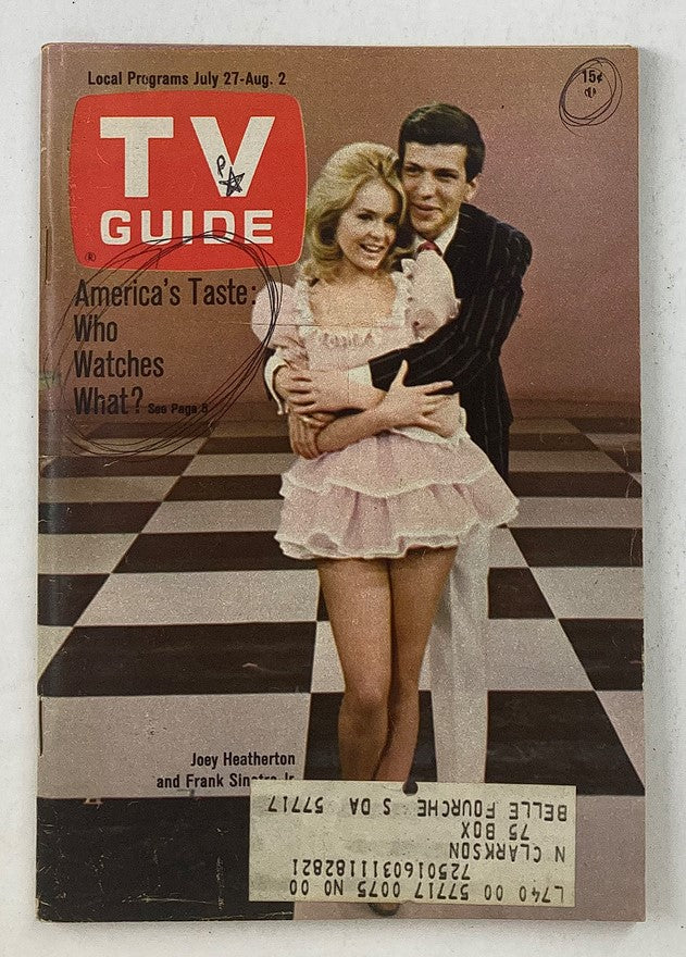 Cover of TV Guide Magazine July 27 1968 featuring Joey Heatherton and Frank Sinatra Jr. in a nostalgic pose, showcasing classic television themes.