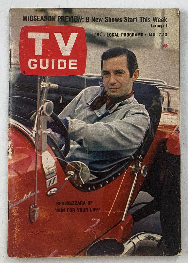 Cover of TV Guide Magazine January 7, 1967 featuring Ben Gazzara. The cover showcases Gazzara sitting in a red sports car, highlighting his role in 'Run for Your Life'. This vintage magazine represents the television culture of the 1960s.