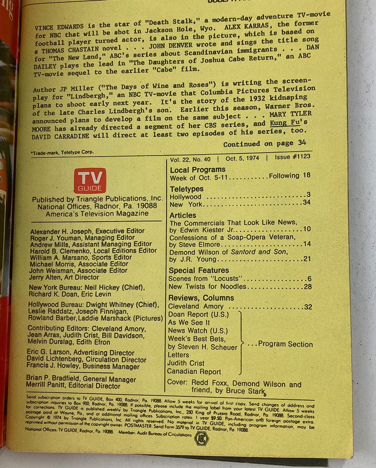 Back cover of TV Guide Magazine October 5 1974 showcasing articles, programs, and editorial information, including a feature on Demond Wilson from 'Sanford and Son' and content relevant to television history.