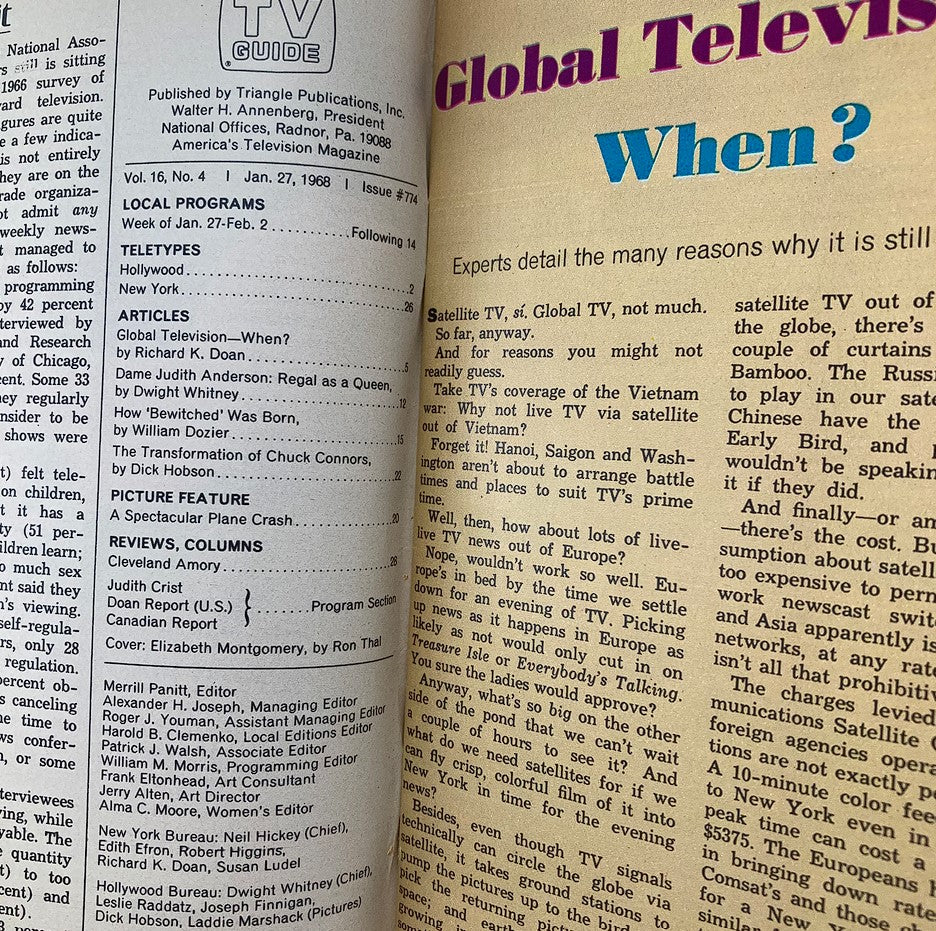 Inside page of the TV Guide Magazine dated January 27, 1968 featuring articles including 'Global Television—When?' and insights into television programming, showcasing Elizabeth Montgomery on the cover.