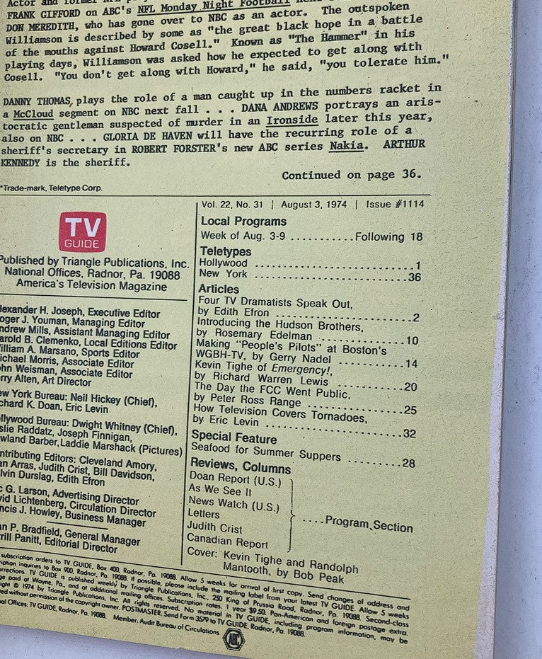 Back cover of TV Guide Magazine August 3 1974 featuring local program listings and article highlights. This issue includes cover stars Kevin Tighe and Randolph Mantooth, showcasing the nostalgic television landscape of the 1970s.