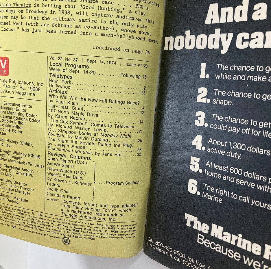 TV Guide Magazine September 14 1974 showcasing the table of contents and advertisements, reflecting the programming and cultural context of the 1970s.