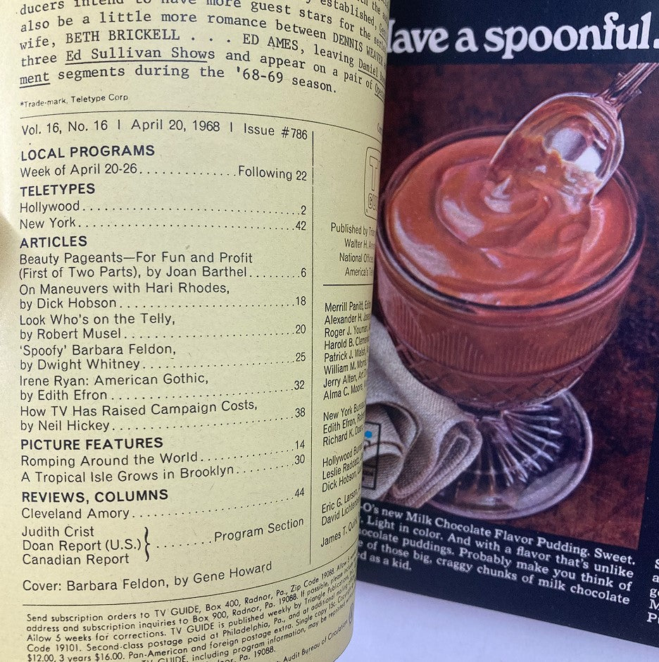 Inside page of TV Guide Magazine April 20 1968, displaying a table of contents and featuring articles about television programming and Barbara Feldon.