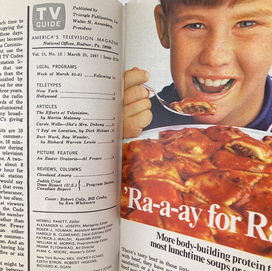Inside page of TV Guide Magazine March 25 1967 Issue #730 listing articles and features, including Robert Culp and Bill Cosby on the cover.