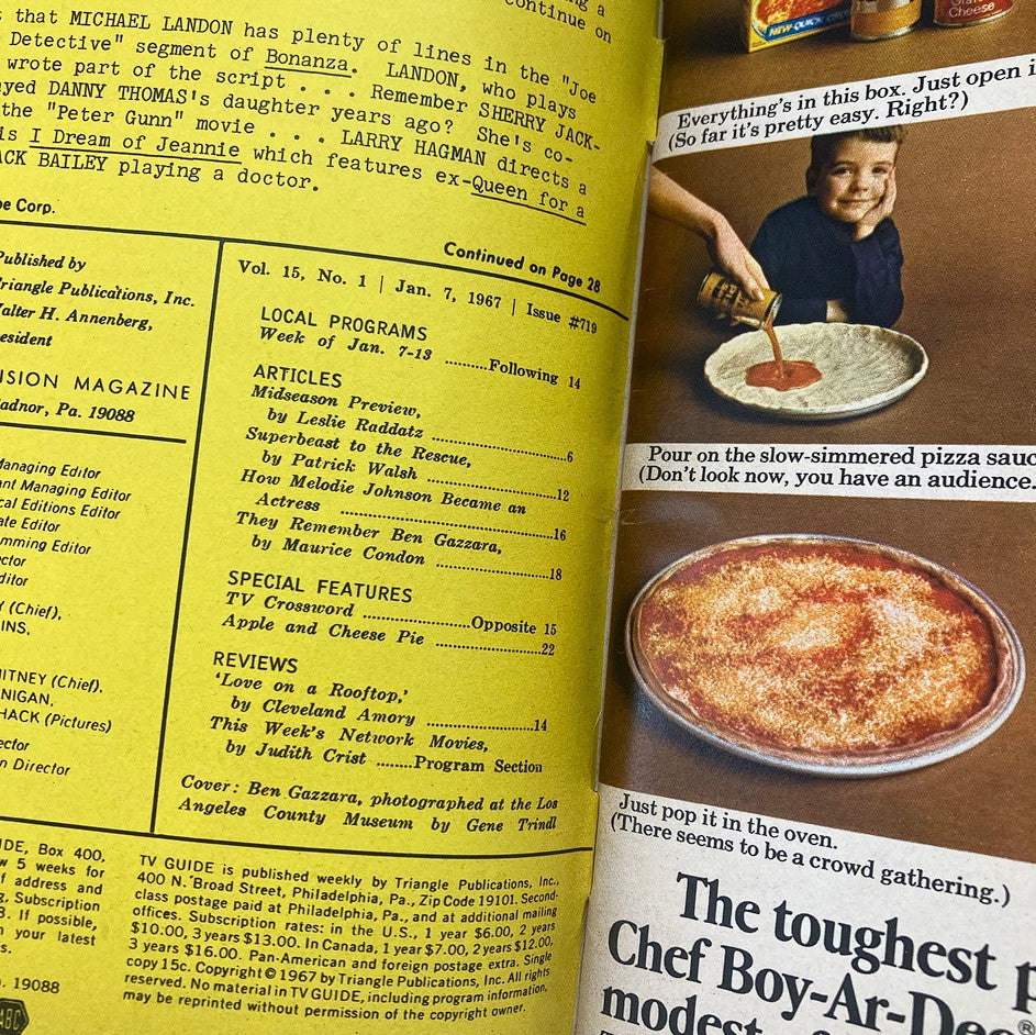 Interior page of TV Guide Magazine January 7, 1967. The page includes programming listings and articles, including one about Ben Gazzara. It features vibrant yellow color, showcasing content relevant to the television shows of the era.