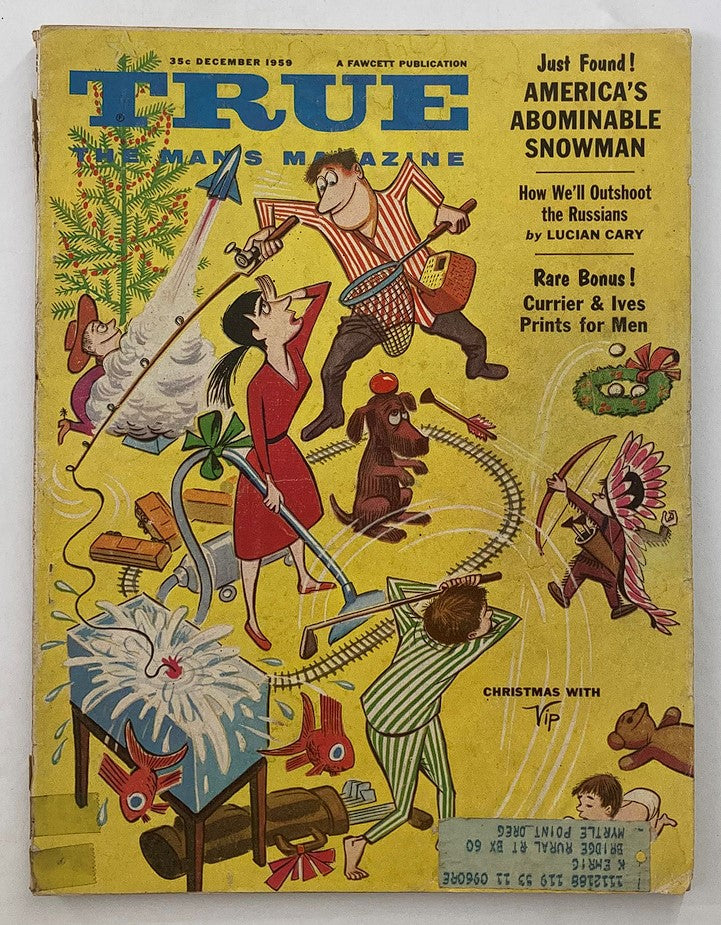 Cover of VTG True The Man's Magazine, December 1959, featuring a colorful illustration related to America's Abominable Snowman, with whimsical characters and Christmas themes, Volume 40, Issue #271.