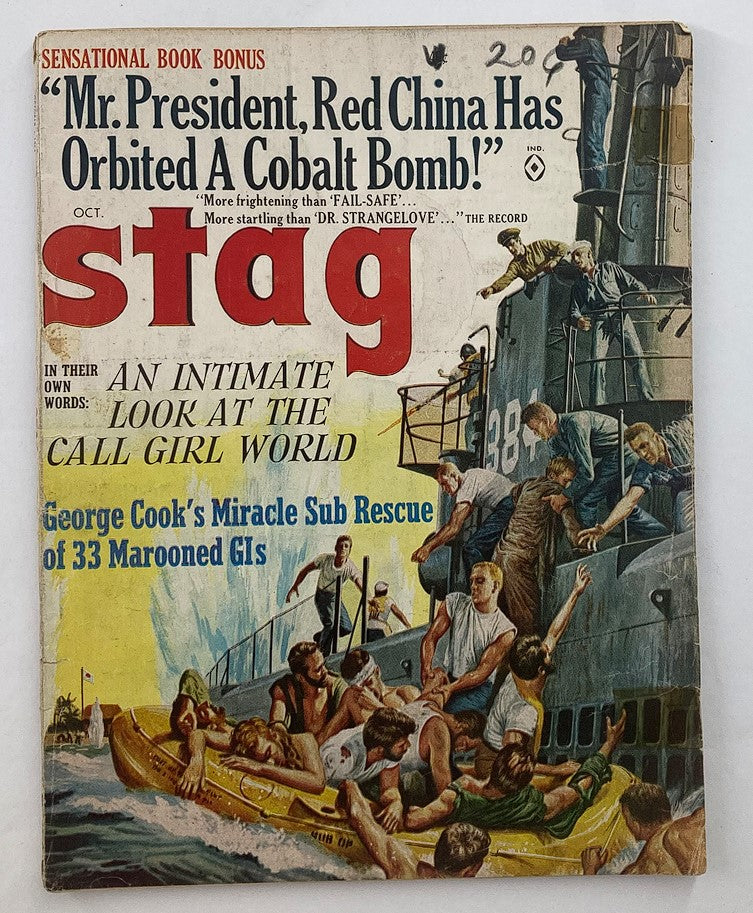 Cover of VTG Stag Magazine October 1964 featuring the title and a dramatic illustration related to George Cook's Miracle Sub transporting marooned GIs.