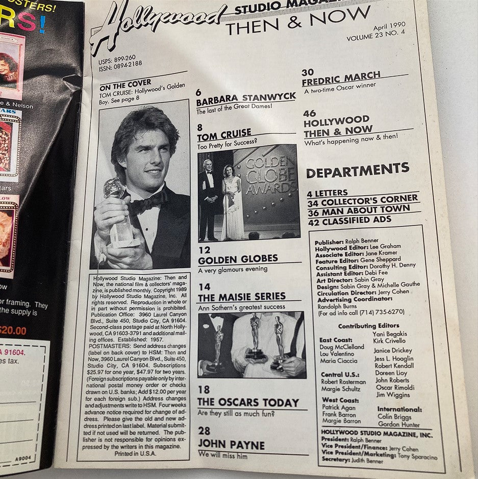 Cover of Hollywood Studio Magazine Then & Now April 1990 featuring Tom Cruise with a Golden Globe Award. Includes articles about the Golden Globes and other Hollywood topics.