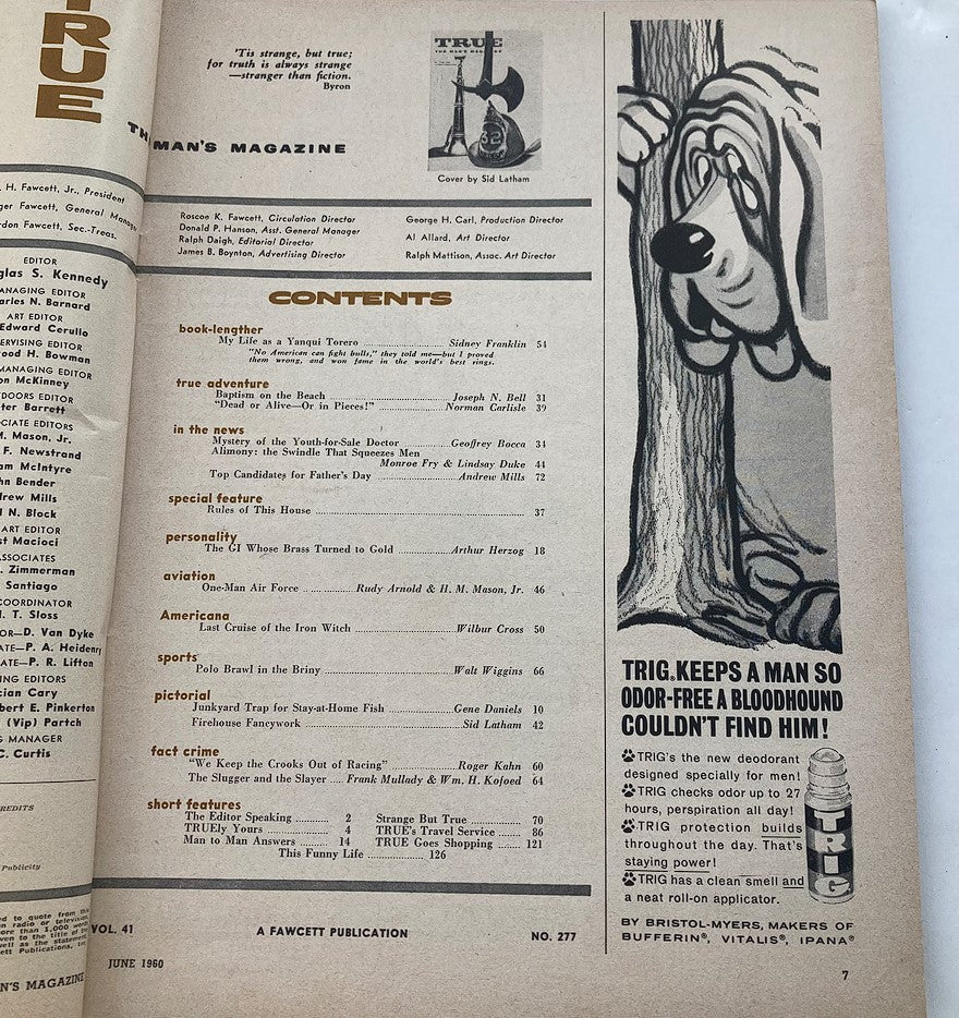 Contents page of TRUE The Man's Magazine June 1960, Volume 41, No. 277, listing articles including features on Dr. Niehans and various other topics of interest from the era.