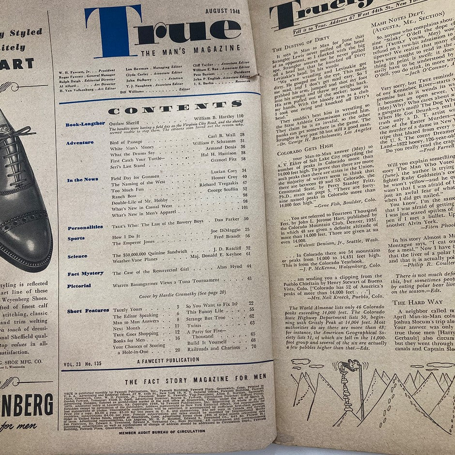Inside page of VTG True The Man's Magazine August 1948 featuring the table of contents and details on articles and features including adventure, personalities, and sports.