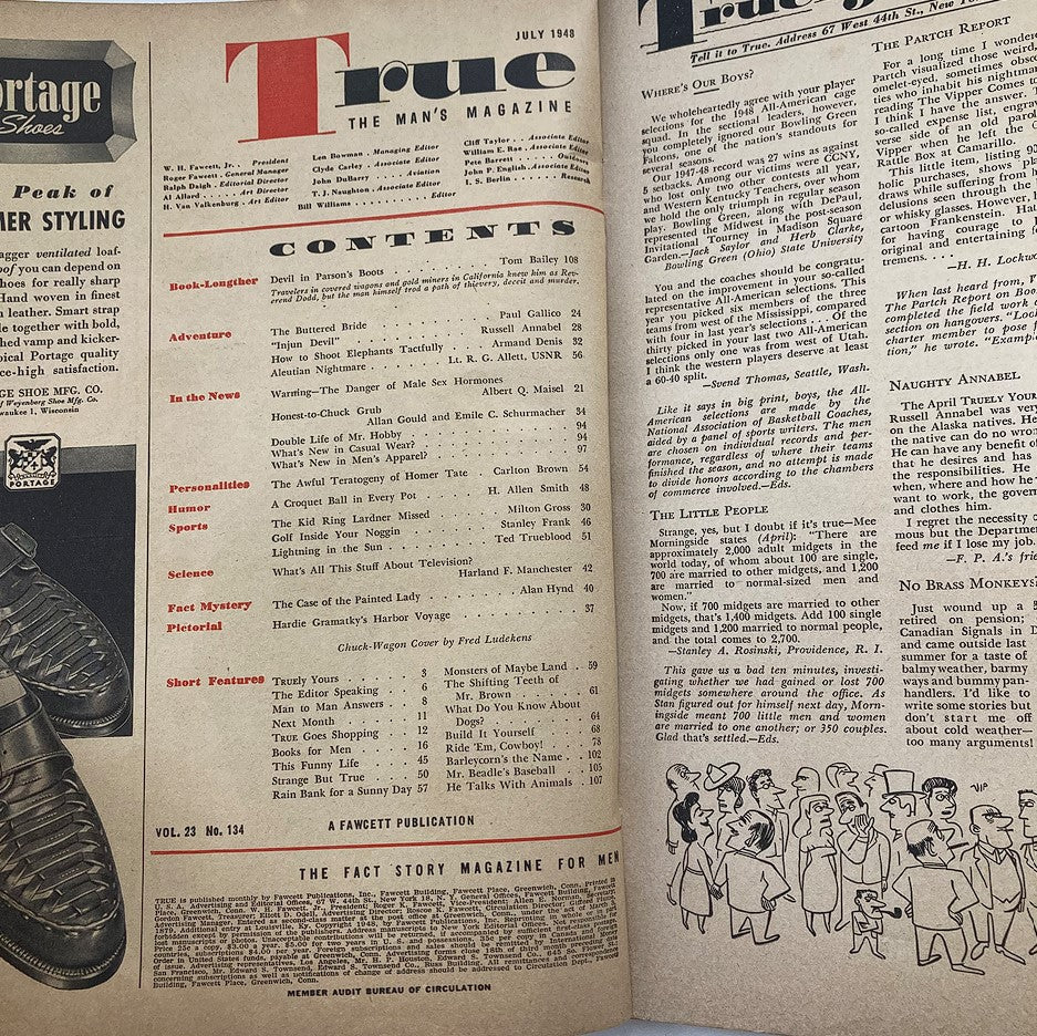 Interior contents page of VTG True The Man's Magazine from July 1948, Volume 23, Issue #134 featuring articles and sections, showcasing the vintage design and layout.