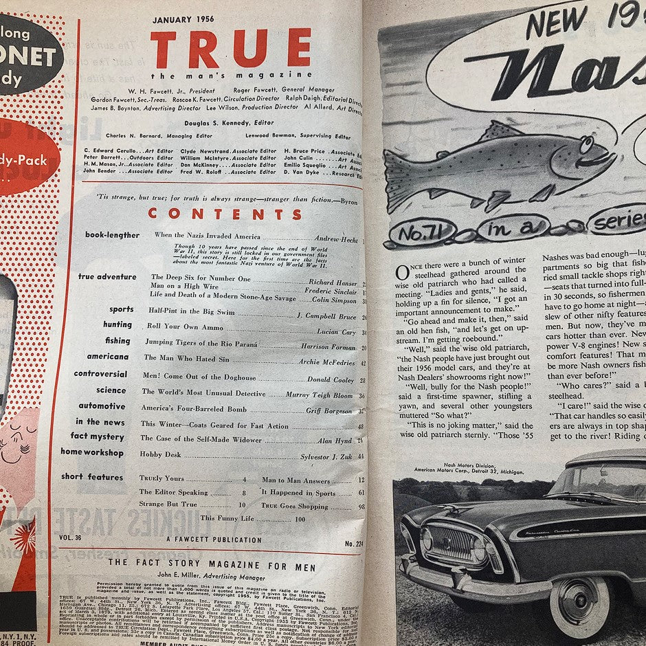 Interior page of TRUE The Man's Magazine January 1956 Vol 36 No. 224 featuring table of contents and articles including 'When The Nazis Invaded America', showcasing vintage magazine layout and design.