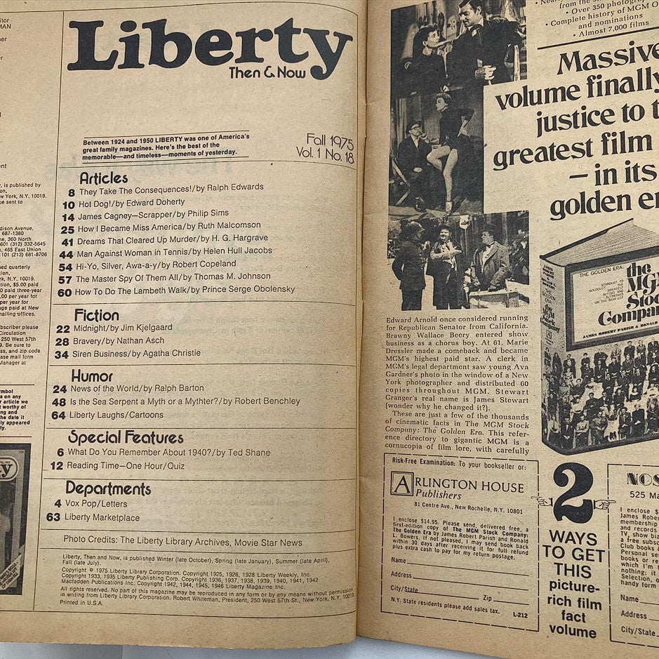 Inside page of Liberty Magazine Then & Now Fall 1975 displaying an article list and highlights from iconic films and stories of that era.
