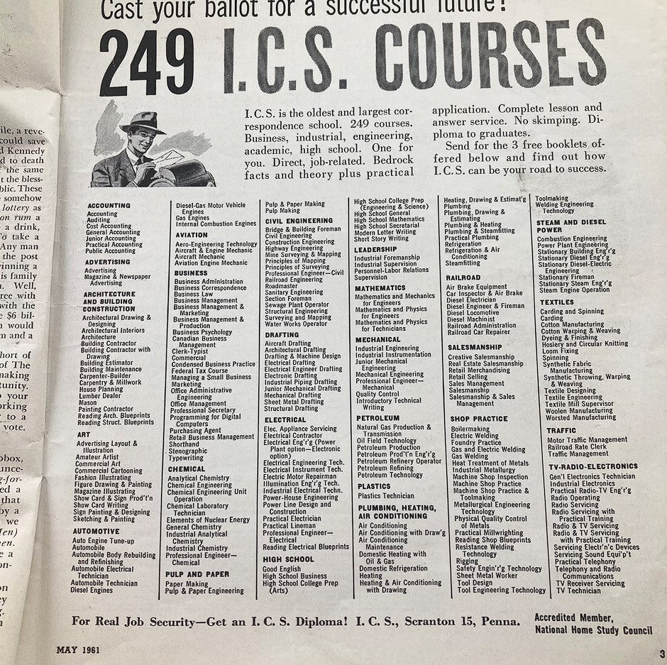 Inside page from TRUE The Man's Magazine May 1961 listing '249 I.C.S. Courses' showcasing various educational programs available in different fields.