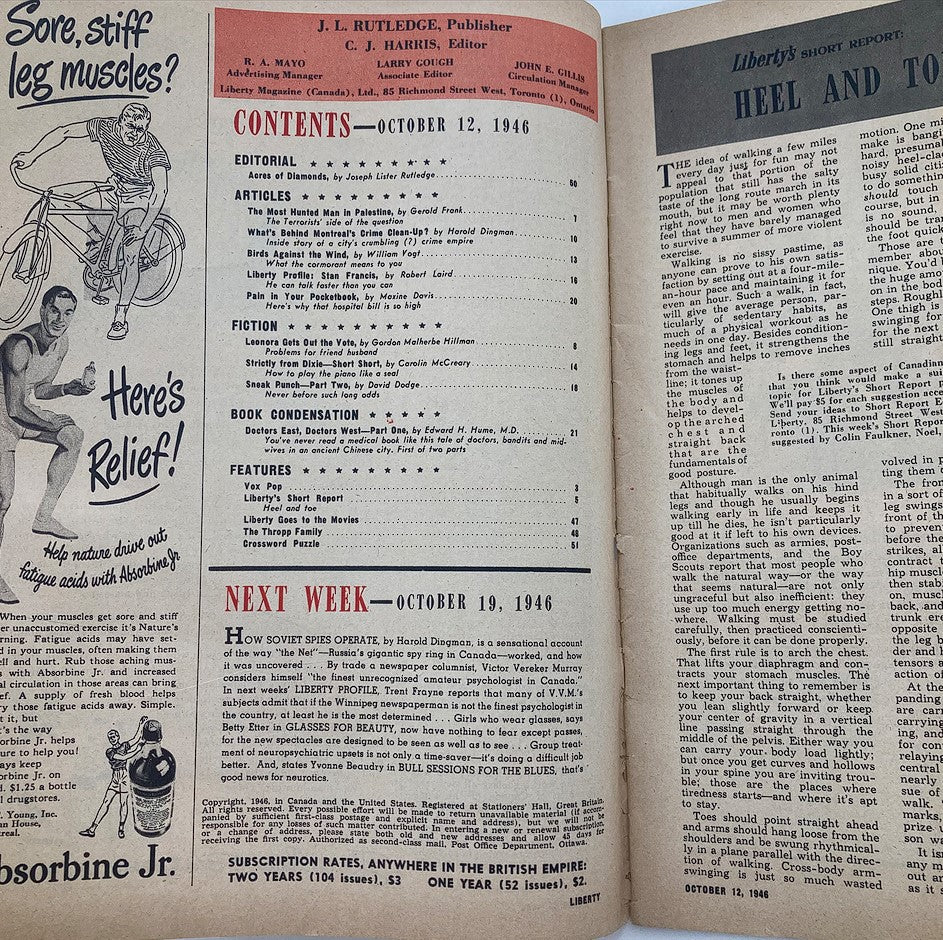 Interior page of VTG Liberty Magazine from October 12, 1946, displaying the contents list, including 'The Most Haunted Man in Palestine' article.