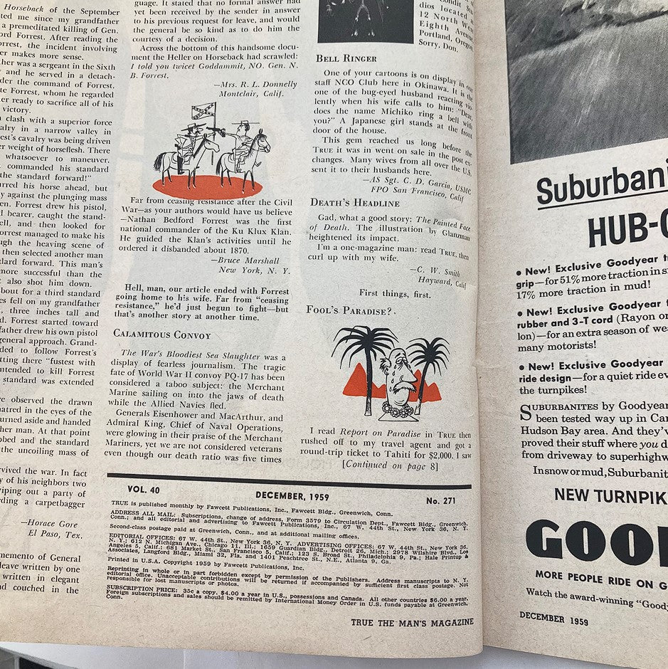 Inside page of VTG True The Man's Magazine December 1959, Volume 40, Issue #271 featuring articles and advertisements, showcasing mid-century culture.