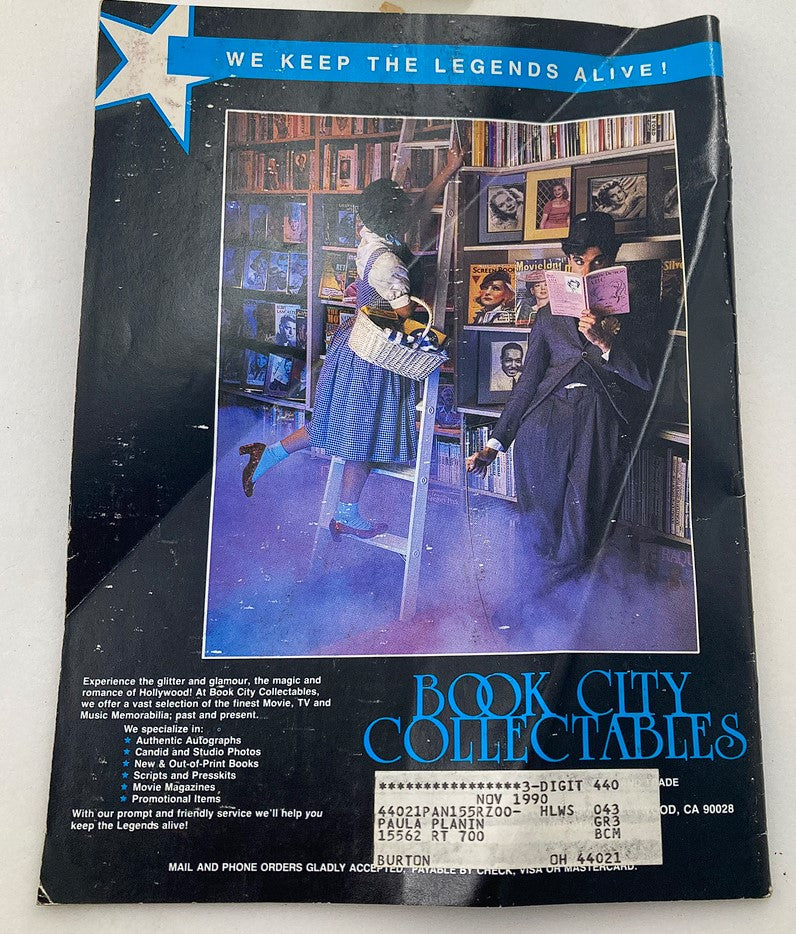 Back cover of Hollywood Studio Magazine Then & Now April 1990, showcasing Book City Collectables promotion. Features individuals in a bookstore with a nostalgic Hollywood theme.