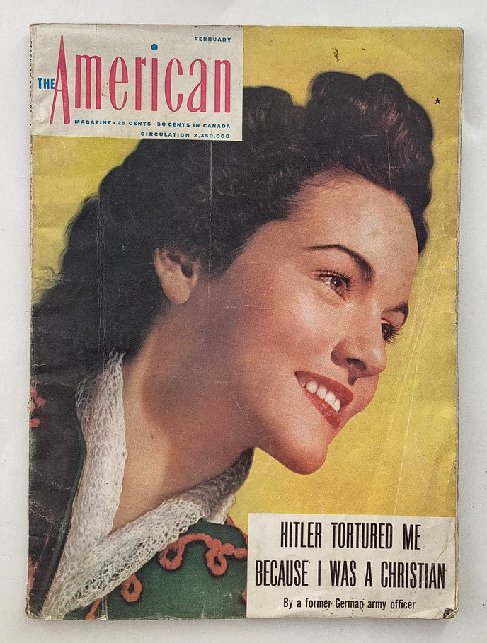 Cover of VTG The American Magazine February 1942 Vol 132 #2 featuring an illustrated portrait of a young woman with dark hair and a vintage style. The magazine cover also includes the title 'Hitler Tortured Me Because I Was a Christian' and details about the publication.