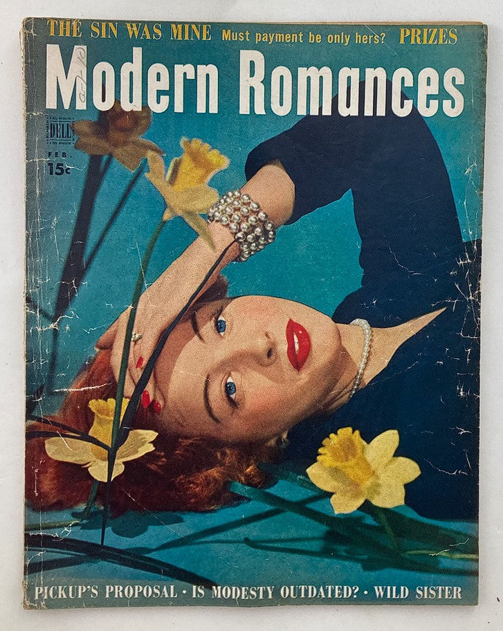 Cover of Vintage Modern Romances Magazine February 1950 featuring a glamorous woman with red lips, lying among yellow flowers, representing mid-century romance themes.