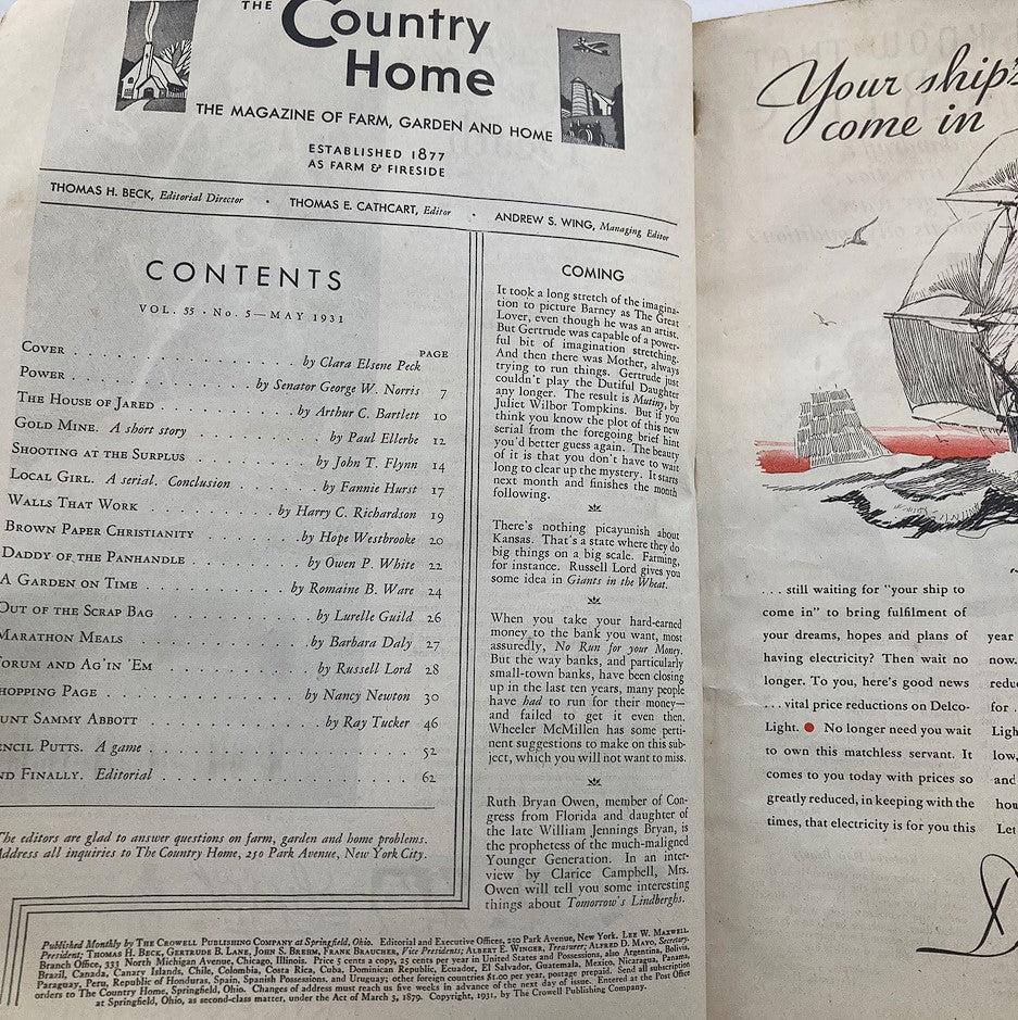 Inside page of VTG The Country Home Magazine May 1931 showcasing the table of contents, highlighting articles such as 'Brown Paper Christianity' and 'Gold Mine', reflecting the magazine's themes of spirituality and prosperity.