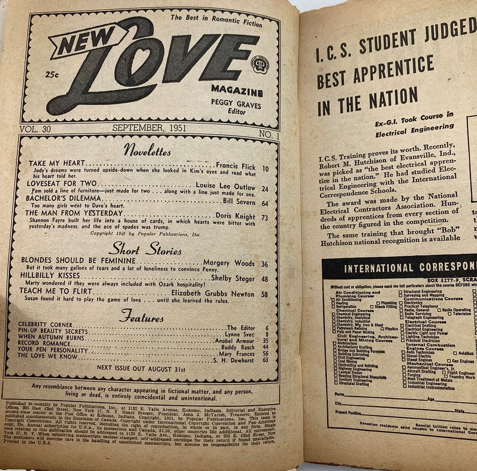 Table of contents page from VTG New Love Magazine September 1951, Volume 30, Issue 1, listing sections, including Novelettes and Short Stories.
