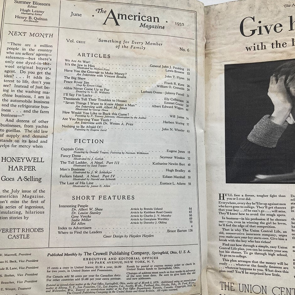 Vintage The American Magazine June 1932 Vol 113 #6 We Are At War & Peace River Jim