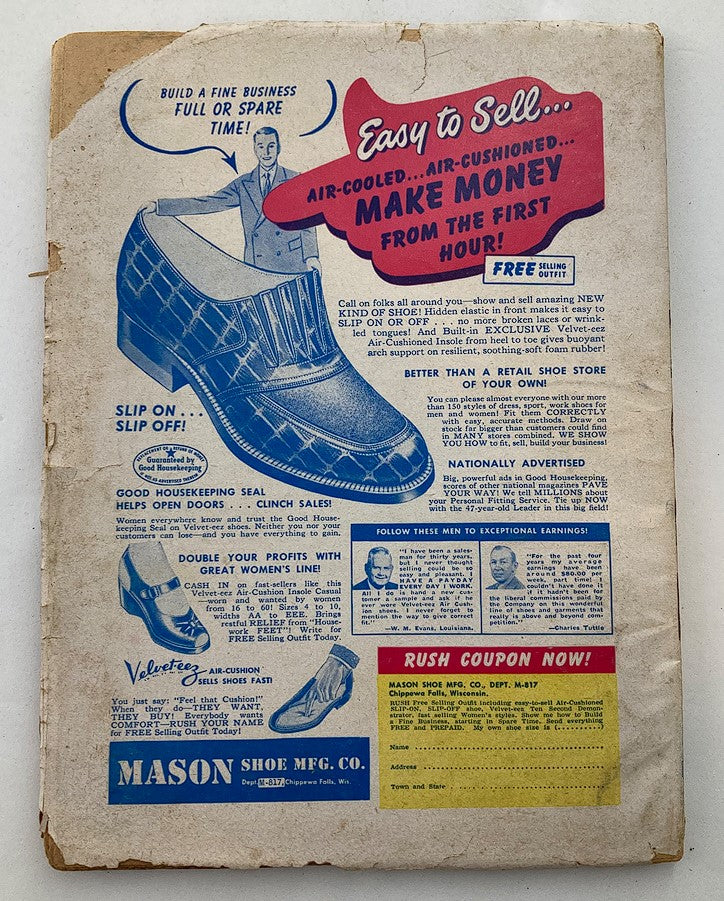 Back cover of VTG New Love Magazine September 1951, Volume 30, Issue 1, advertising Mason Shoe Company's promotional offer for air-cushioned shoes.