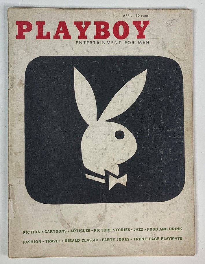Front cover of VTG Playboy Magazine April 1956 featuring the iconic Playboy bunny logo, indicative of vintage pop culture. This edition includes fictional stories, cartoons, and articles, making it a collectible item.