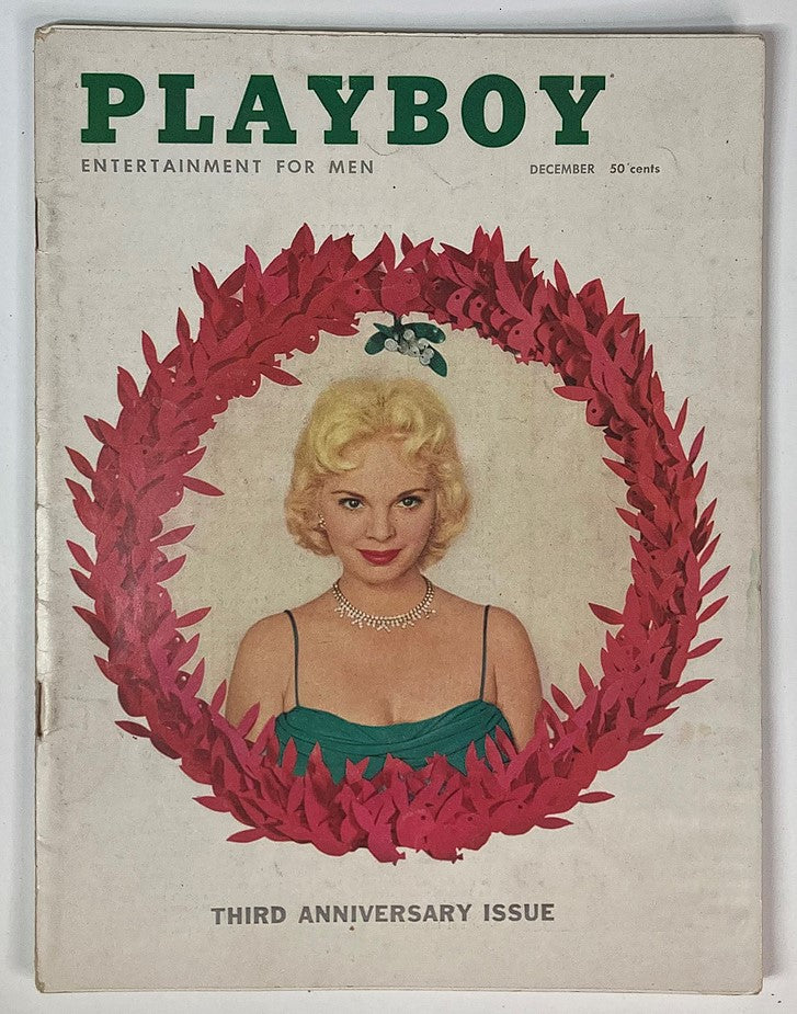 VTG Playboy Magazine December 1956 featuring Playmate Lisa Winters on the cover, showcasing a vintage design with a festive wreath.