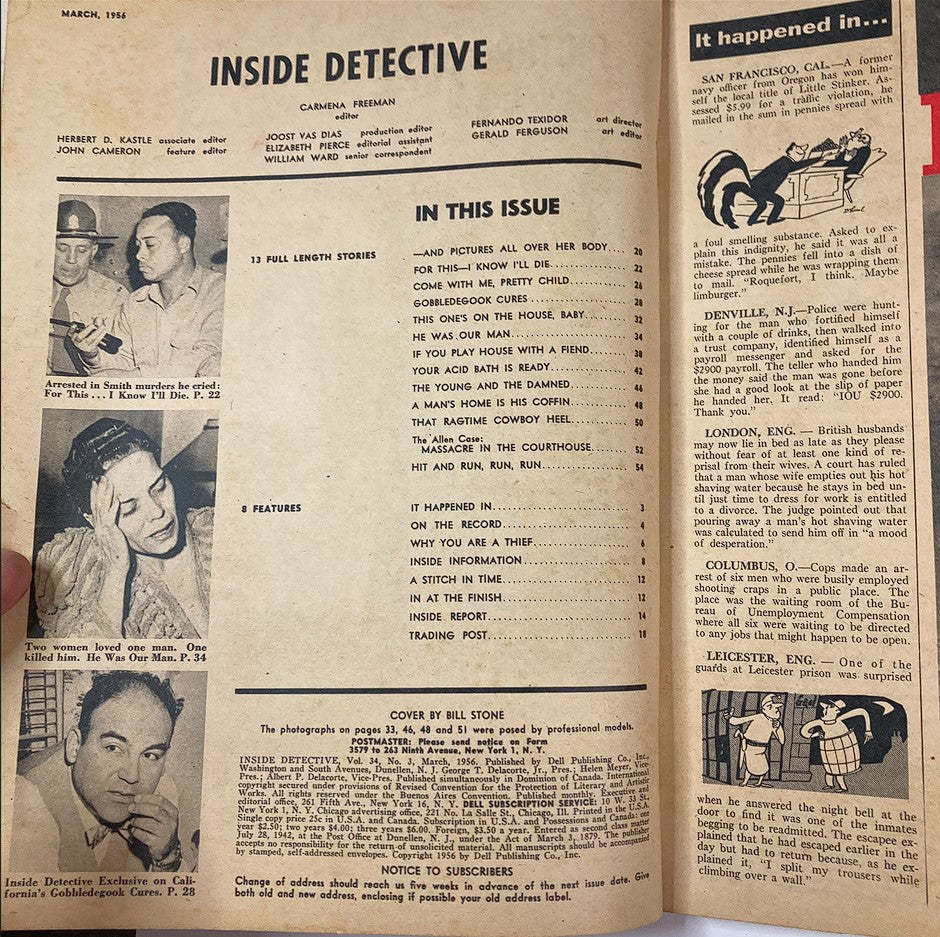 Inside page of the VTG Inside Detective Magazine March 1956, showcasing the table of contents and stories covered in this issue, including features on crime and investigation.