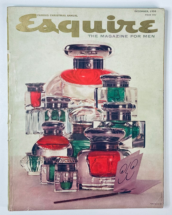 Cover of VTG Esquire Magazine December 1956 No. 277 featuring an artistic display of glass perfume bottles, showcasing the style and elegance of mid-20th century design.