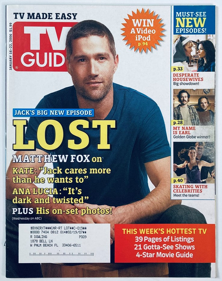 TV Guide Magazine January 16 2006 featuring Matthew Fox on the cover, promoting the latest episode of 'Lost' and showcasing must-see TV shows of the era.
