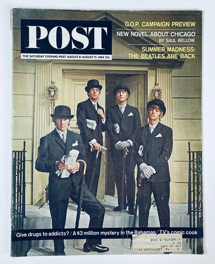 Vintage The Saturday Evening Post magazine cover from August 15, 1964, featuring The Beatles, highlighting their return to popularity in the 1960s.