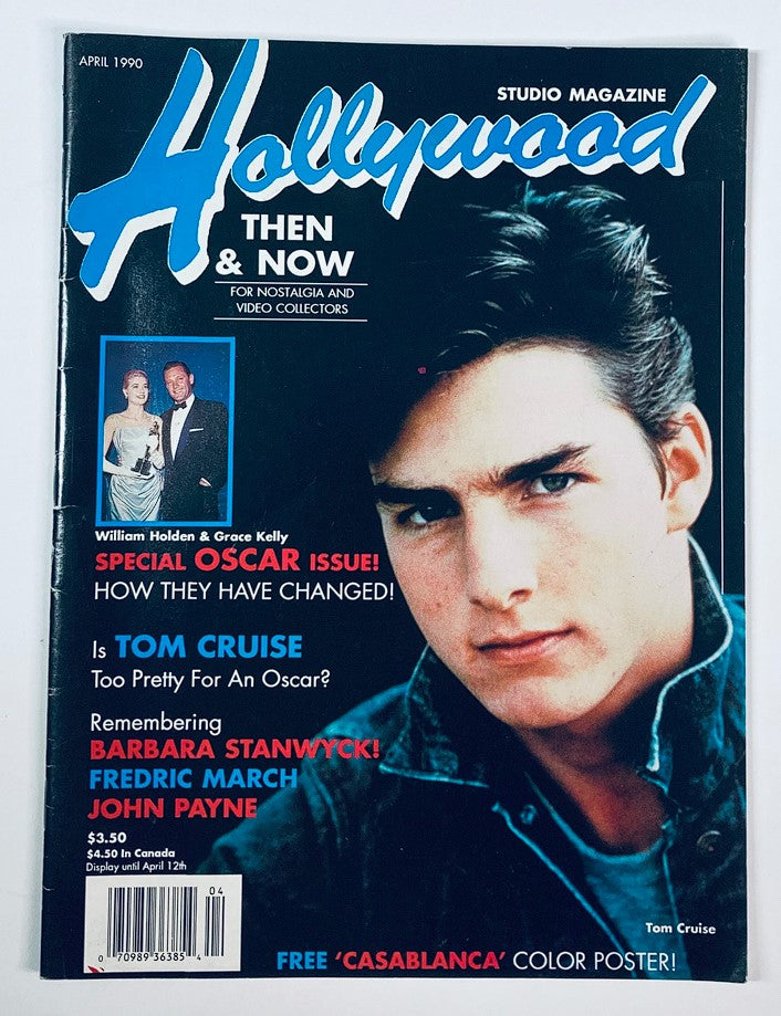 Hollywood Studio Magazine Then & Now April 1990 featuring Tom Cruise on the cover. The magazine highlights iconic stars and contains special Oscar discussions, including a look at Grace Kelly and William Holden.
