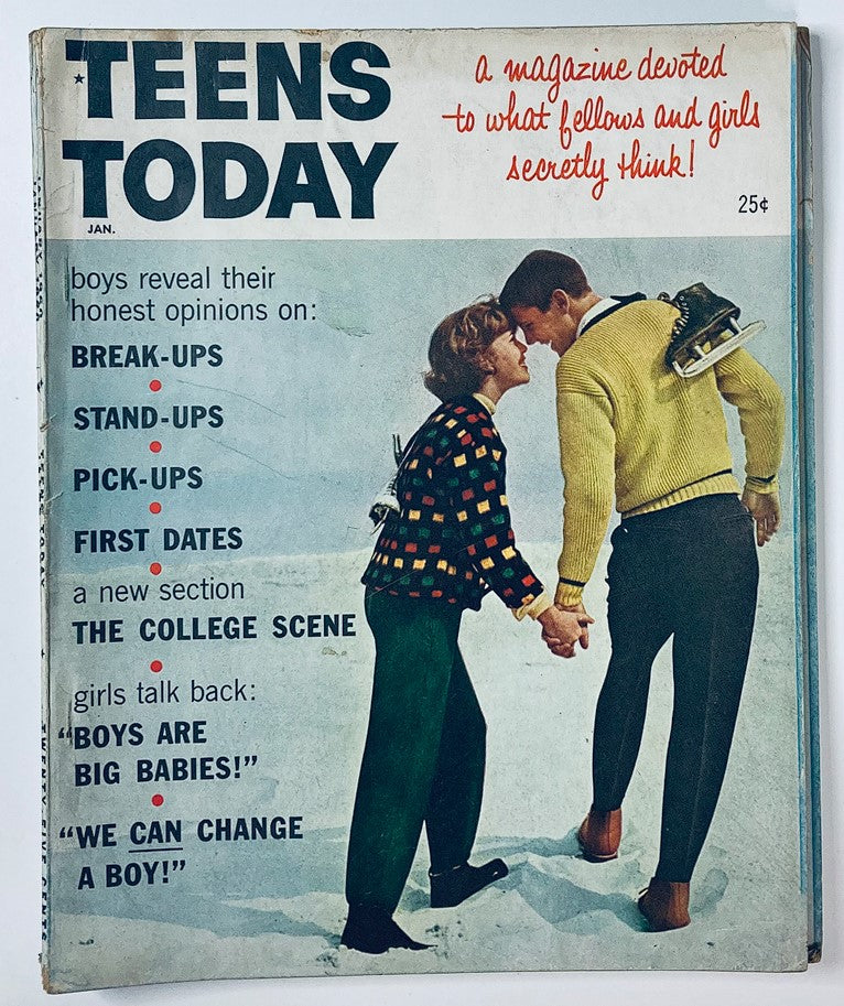 Cover of VTG Teens Today Magazine January 1960 titled 'The College Scene', featuring a couple holding hands in winter attire, with bold headlines about teenage topics like break-ups and first dates.
